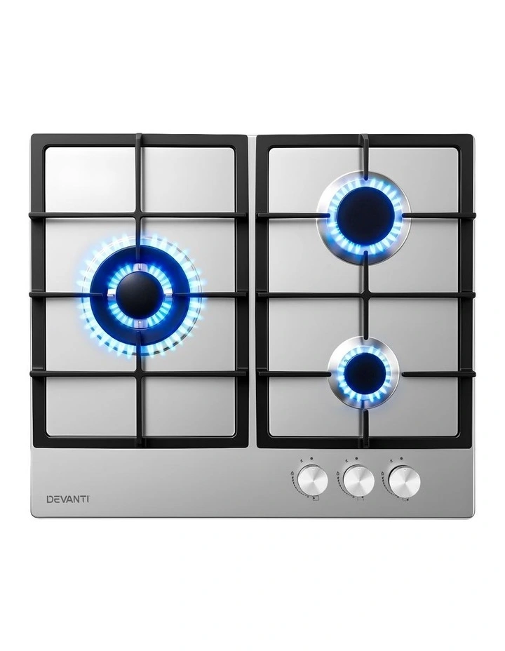 Devanti 59cm Gas Cooktop 3 Burner Knob Control Stainless Steel Hob Silver image 1