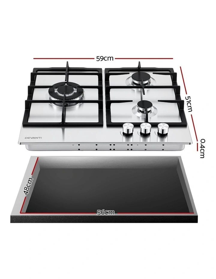 Devanti 59cm Gas Cooktop 3 Burner Knob Control Stainless Steel Hob Silver image 2