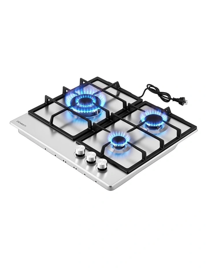 Devanti 59cm Gas Cooktop 3 Burner Knob Control Stainless Steel Hob Silver image 3