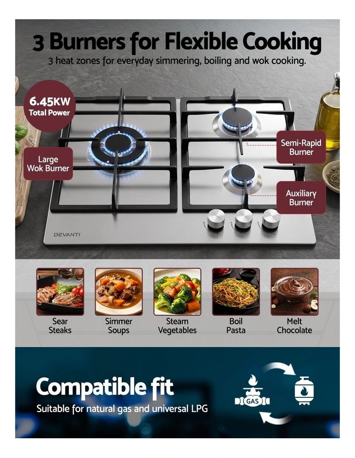 Devanti 59cm Gas Cooktop 3 Burner Knob Control Stainless Steel Hob Silver image 4