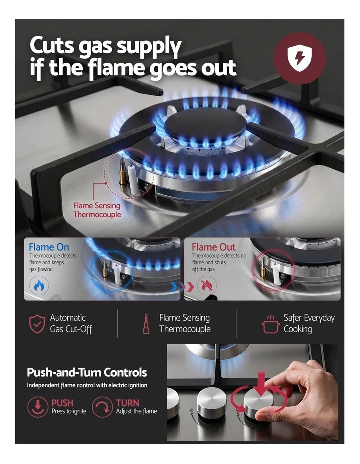 Devanti 59cm Gas Cooktop 3 Burner Knob Control Stainless Steel Hob Silver image 5