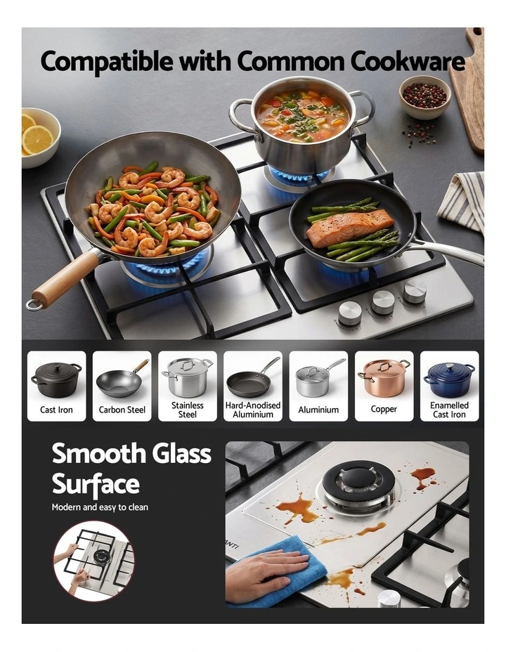 Devanti 59cm Gas Cooktop 3 Burner Knob Control Stainless Steel Hob Silver image 6