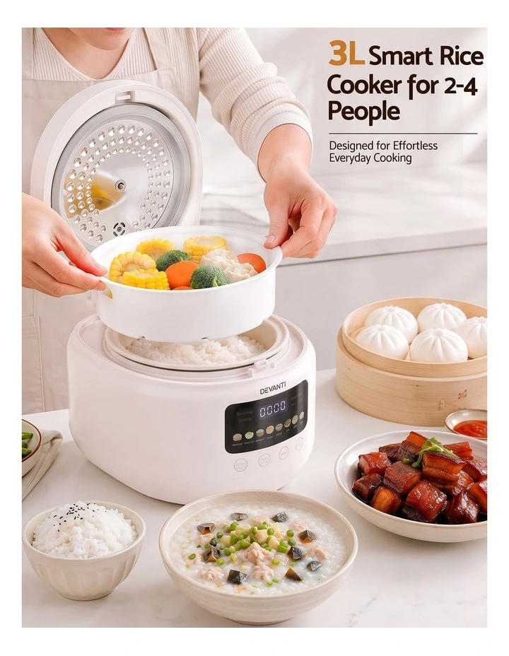 Devanti 3L Rice Cooker Small 6 Cup 8-in-1 Multi Cooker with 24H Preset Off-White image 4
