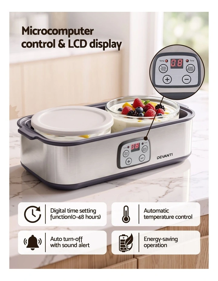 Devanti Greek Yoghurt Maker Machine 2x960ml Large Tubs Temp Control Grey image 5