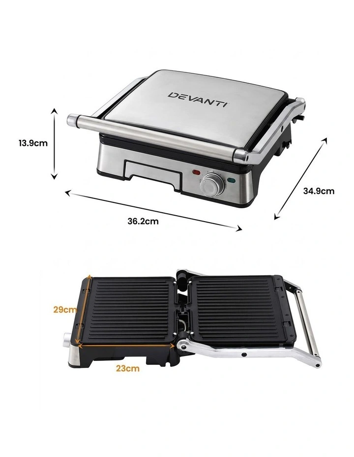 Devanti 2000W 3-in-1 Panini Press Grill Sandwich Maker 180 Open 4 Slice image 2