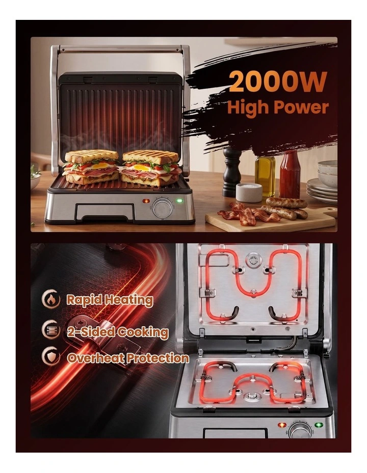 Devanti 2000W 3-in-1 Panini Press Grill Sandwich Maker 180 Open 4 Slice image 4