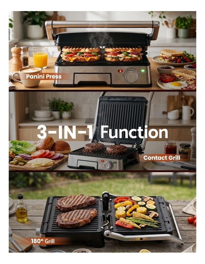 Devanti 2000W 3-in-1 Panini Press Grill Sandwich Maker 180 Open 4 Slice image 5