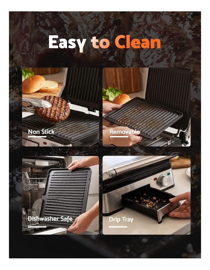 Devanti 2000W 3-in-1 Panini Press Grill Sandwich Maker 180 Open 4 Slice image 6