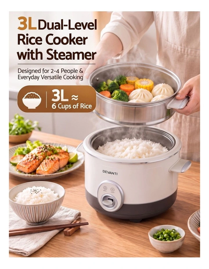 Devanti 3L Rice Cooker Small 6 Cup Multi Cooker with Steamer image 4
