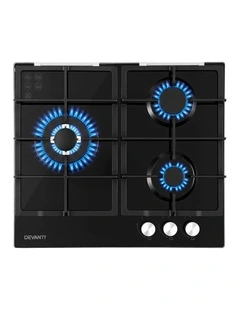 Devanti 59cm Gas Cooktop 3 Burner Knob Control Glass Hob Cast Iron Black