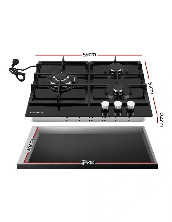 Devanti 59cm Gas Cooktop 3 Burner Knob Control Glass Hob Cast Iron Black image 2