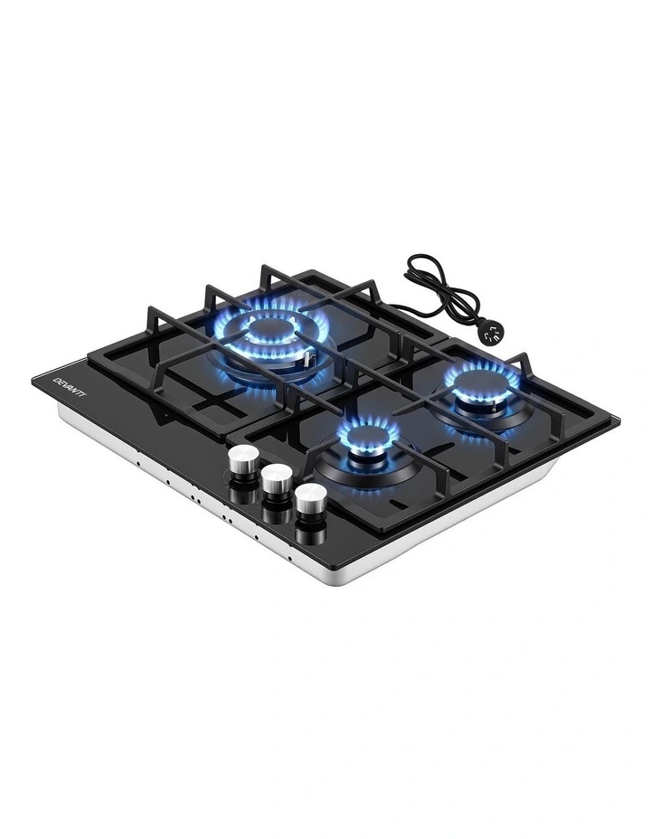 Devanti 59cm Gas Cooktop 3 Burner Knob Control Glass Hob Cast Iron Black image 3