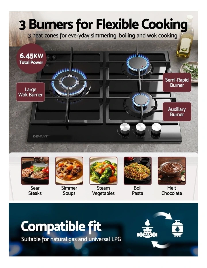 Devanti 59cm Gas Cooktop 3 Burner Knob Control Glass Hob Cast Iron Black image 4