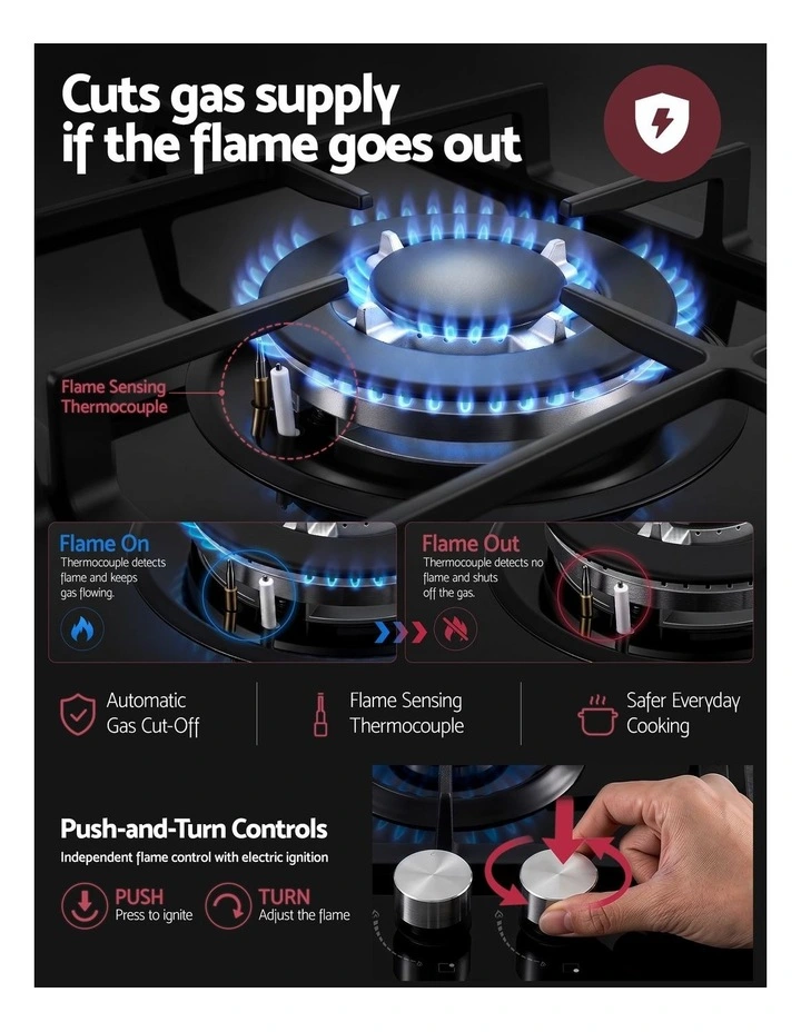 Devanti 59cm Gas Cooktop 3 Burner Knob Control Glass Hob Cast Iron Black image 5