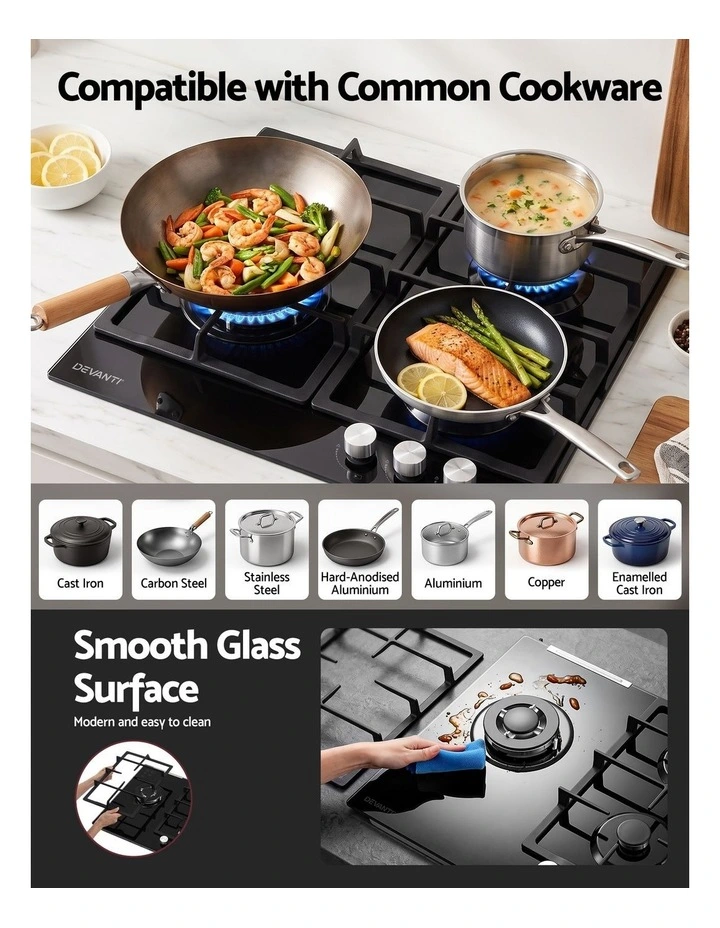 Devanti 59cm Gas Cooktop 3 Burner Knob Control Glass Hob Cast Iron Black image 6