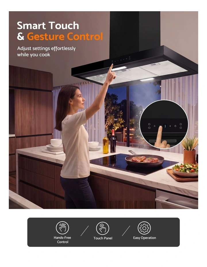 Devanti 90cm Island Rangehood Ceiling-Mounted 3-Speed Touch Control LED Black image 4