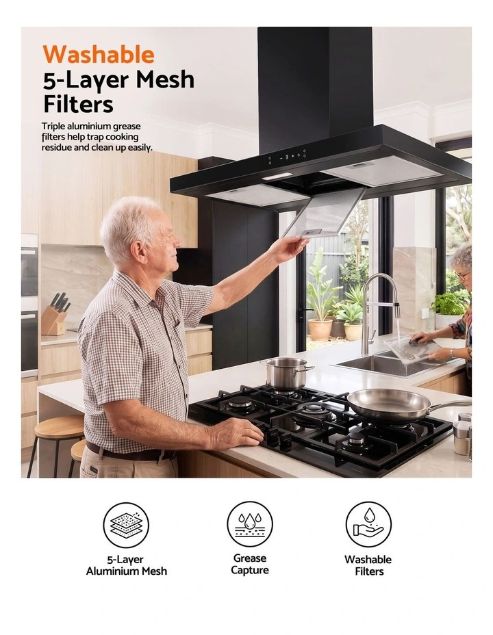 Devanti 90cm Island Rangehood Ceiling-Mounted 3-Speed Touch Control LED Black image 6