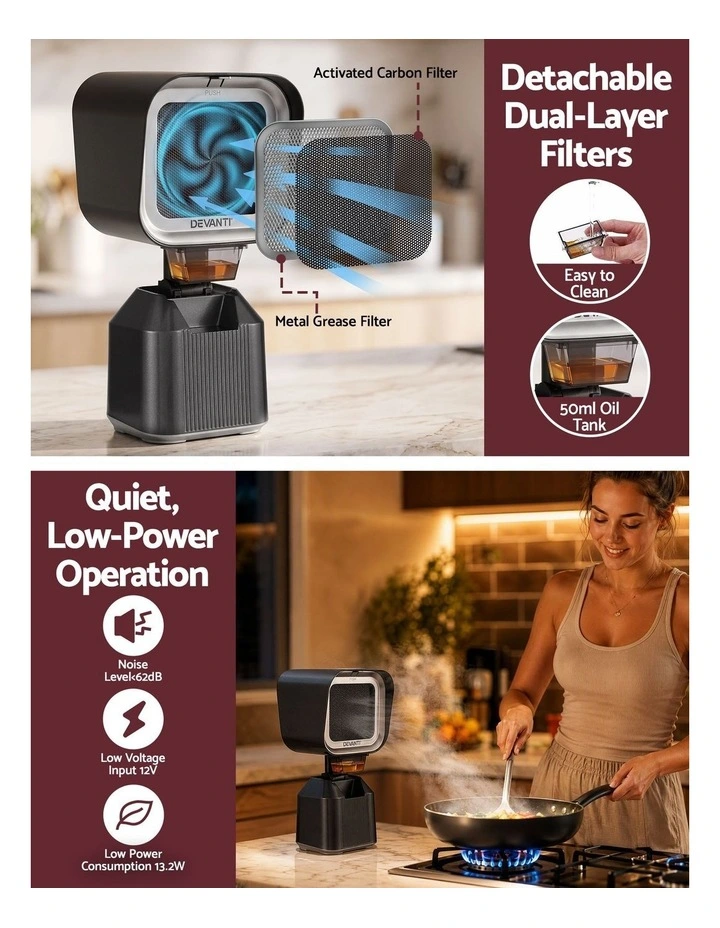 Devanti Portable Range Hood Desktop Exhaust Fan Adjustable Dual Filters Black image 5