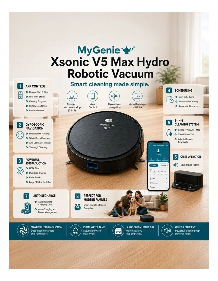 MyGenie Xsonic V5 Max Hydro 3-in-1 Robot Vacuum & Mop, WiFi App Control image 5