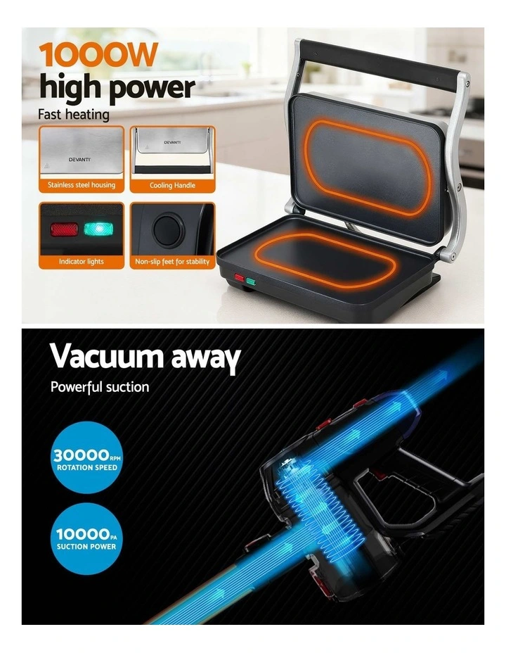 Devanti K7 Cordless Stick Vacuum Cleaner plus Sandwich Maker Panini Press image 5