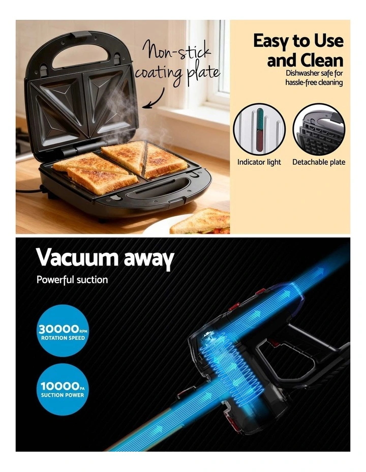 Devanti K7 Cordless Stick Vacuum Cleaner plus 3-in-1 Sandwich Maker image 5