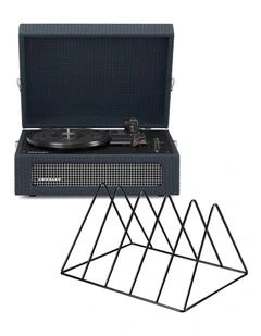 Voyager Bluetooth Portable Turntable And Gadhouse Vinyl Rack Bundle in Navy