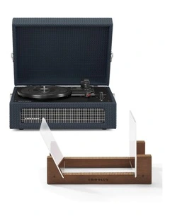 Voyager Bluetooth Portable Turntable + Bundled Record Storage Display Stand in Navy
