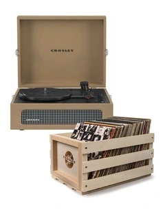 Voyager Bluetooth Portable Turntable &$43; Bundled Record Storage Crate in Tan
