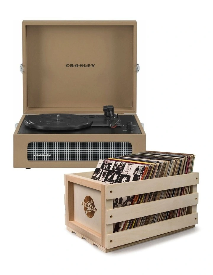 Voyager Bluetooth Portable Turntable &$43; Bundled Record Storage Crate in Tan image 1