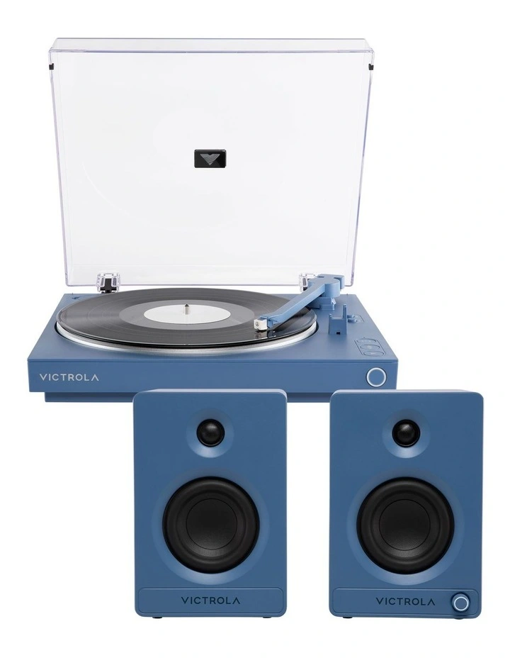 Automatic Turntable + Tempo Bookshelf Speakers Bundle in Blue image 1