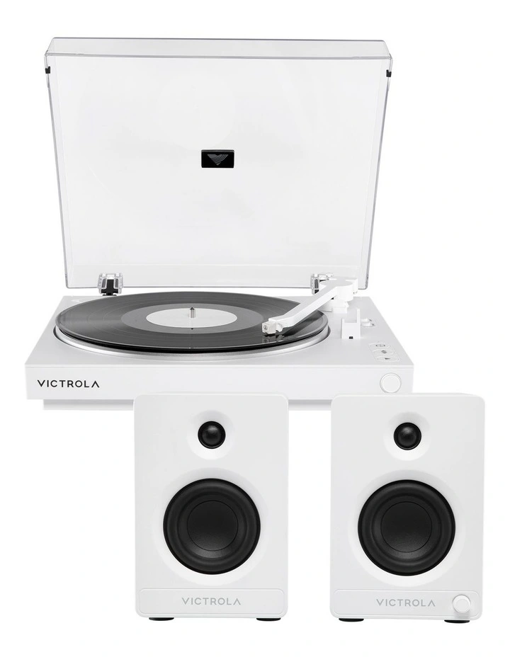 Automatic Turntable + Tempo Bookshelf Speakers Bundle in White image 1