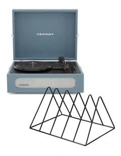 Voyager Bluetooth Portable Turntable + Gadhouse Vinyl Rack Bundle in Washed Blue