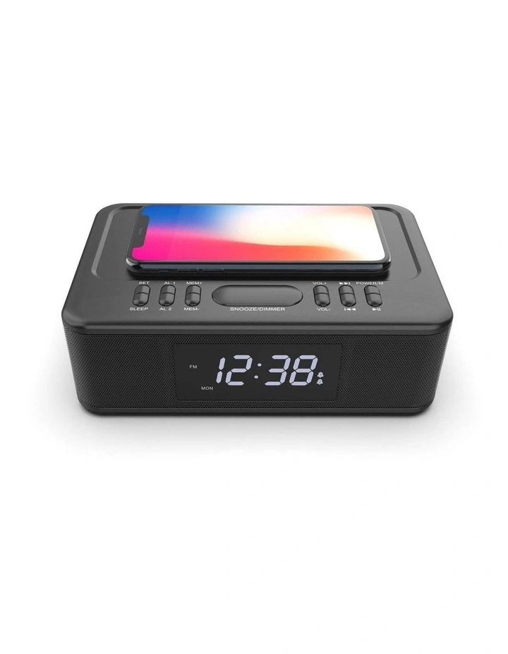 2in1 Wireless Fast Charging Wireless Streaming/FM Radio Alarm Clock With Usb/Aux 10W in Black image 2