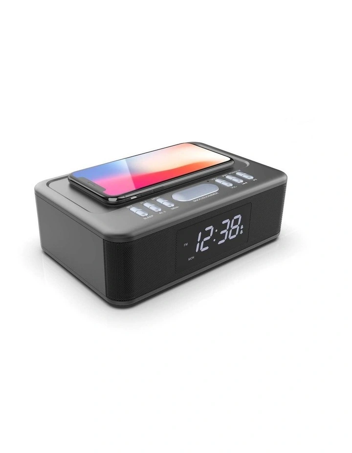2in1 Wireless Fast Charging Wireless Streaming/FM Radio Alarm Clock With Usb/Aux 10W in Black image 3