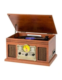 Vinyl, Turntable, Wireless Streaming + CD Player in 1 Retro Music Centre in Brown
