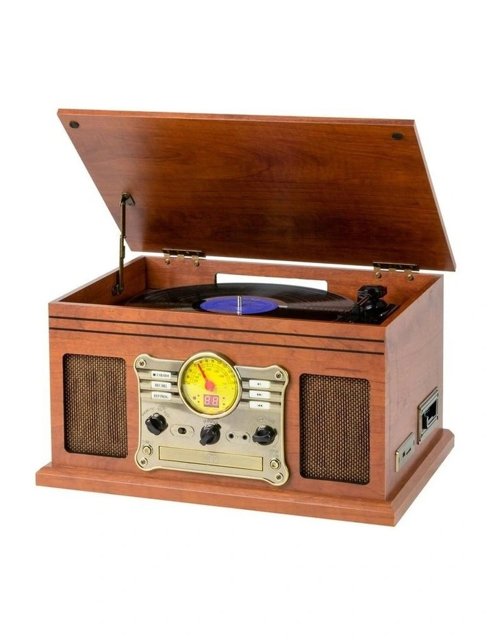 Vinyl, Turntable, Wireless Streaming + CD Player in 1 Retro Music Centre in Brown image 1