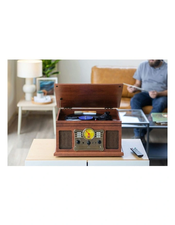 Vinyl, Turntable, Wireless Streaming + CD Player in 1 Retro Music Centre in Brown image 3