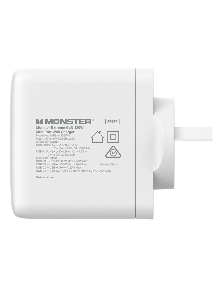 Monster 120W GaN USB-C/A Port Wall Charger - White image 4
