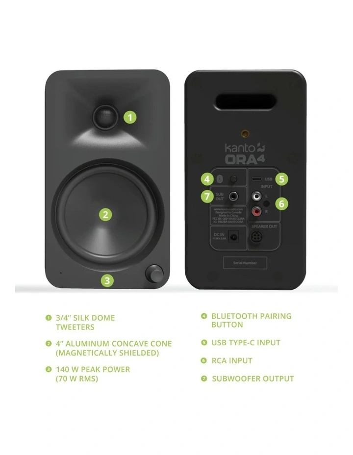 Kanto ORA4 140W Powered Reference Speakers with USB-C Input and Bluetooth - Black, Pair image 2