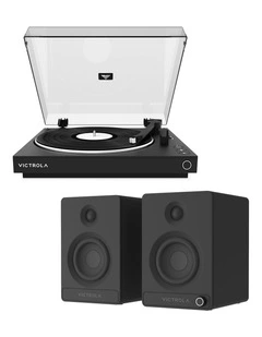 Victrola Automatic Turntable   Victrola Tempo Bookshelf Speakers Bundle - Black