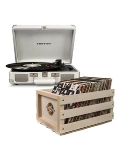 Crosley Cruiser Bluetooth Portable Turntable - White Sands   Bundled Crosley Record Storage Crate