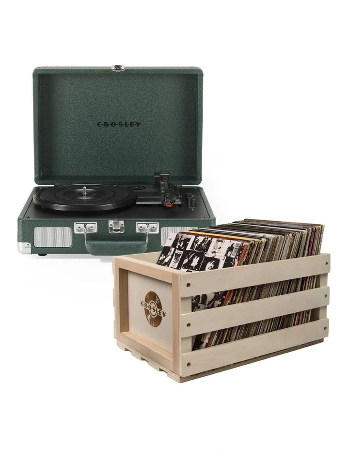 Crosley Cruiser Bluetooth Portable Turntable - Emerald Green Bundled Crosley Record Storage Crate image 1