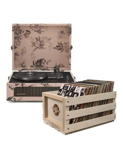 Crosley Voyager Bluetooth Portable Turntable - Floral   Bundled Record Storage Crate