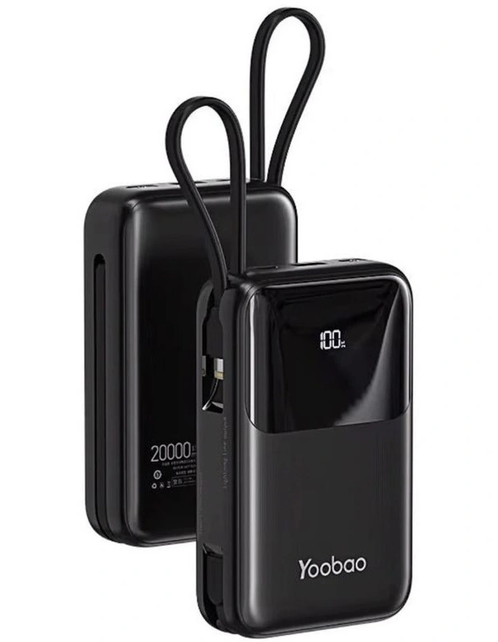 Yoobao Q18 20000mAh Power Bank with Built-in Lightning and USB-C Cables - Black image 1