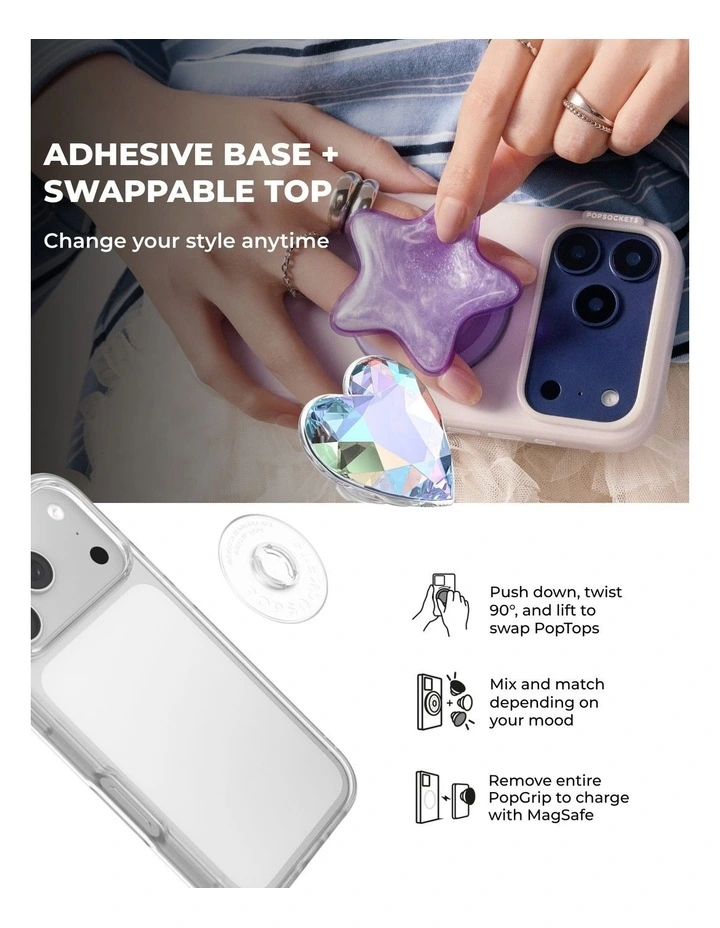 PopSockets PopTop and Chain Lite Phone Grip Holder (Adhesive) - Dichroic Heart Iridescent image 7