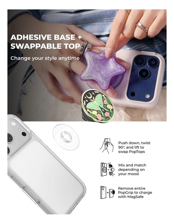 PopSockets PopTop and Chain Lite Phone Grip Holder (Adhesive) - Enamel Luna Moth image 7