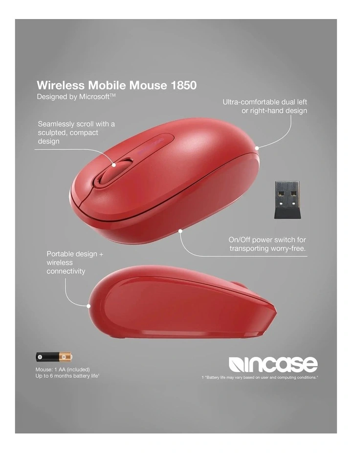 Incase Designed by Microsoft Wireless Mobile Mouse 1850 - Flame Red image 6