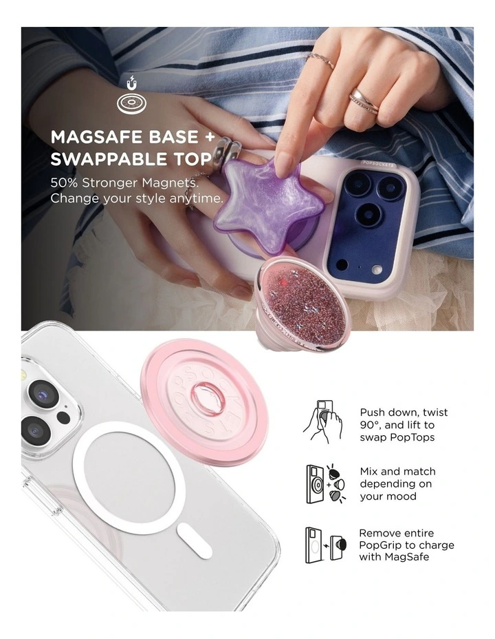 PopSockets PopGrip MagSafe Phone Grip Holder   Magnetic Adapter Ring (Swappable Top) - Tidepool Rose image 6