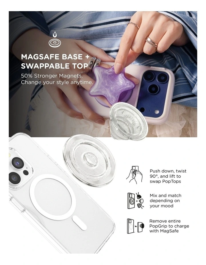 PopSockets PopGrip MagSafe Phone Grip Holder   Magnetic Adapter Ring (Swappable Top) - Clear Glitter image 6