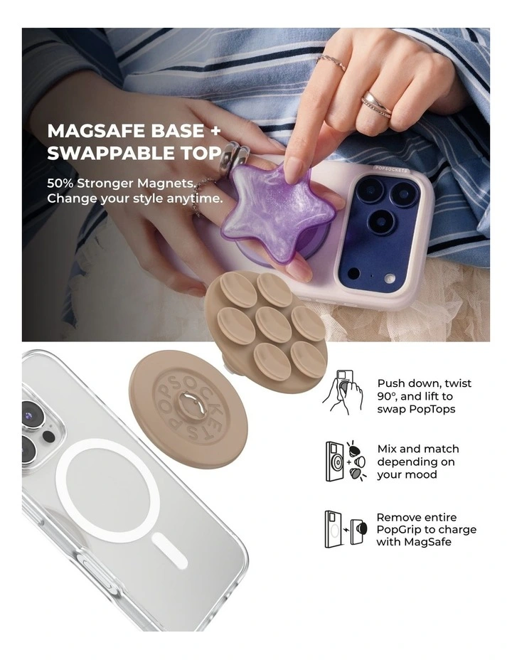 PopSockets PopGrip SuckUp Suction MagSafe 3in1 Mount Grip Stand (Swappable Top) - Latte image 6